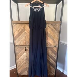 Vince Camuto Formal Maxi Gown‎ Size 6 Sleeveless Navy Blue Beaded Neckline